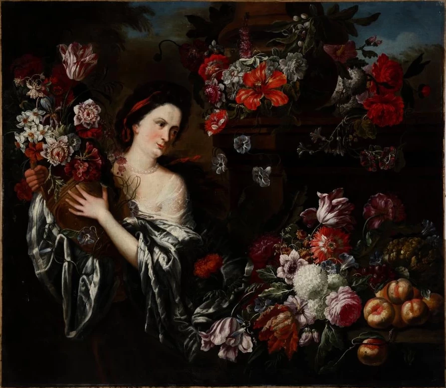 Natura morta di fiori e figura femminile